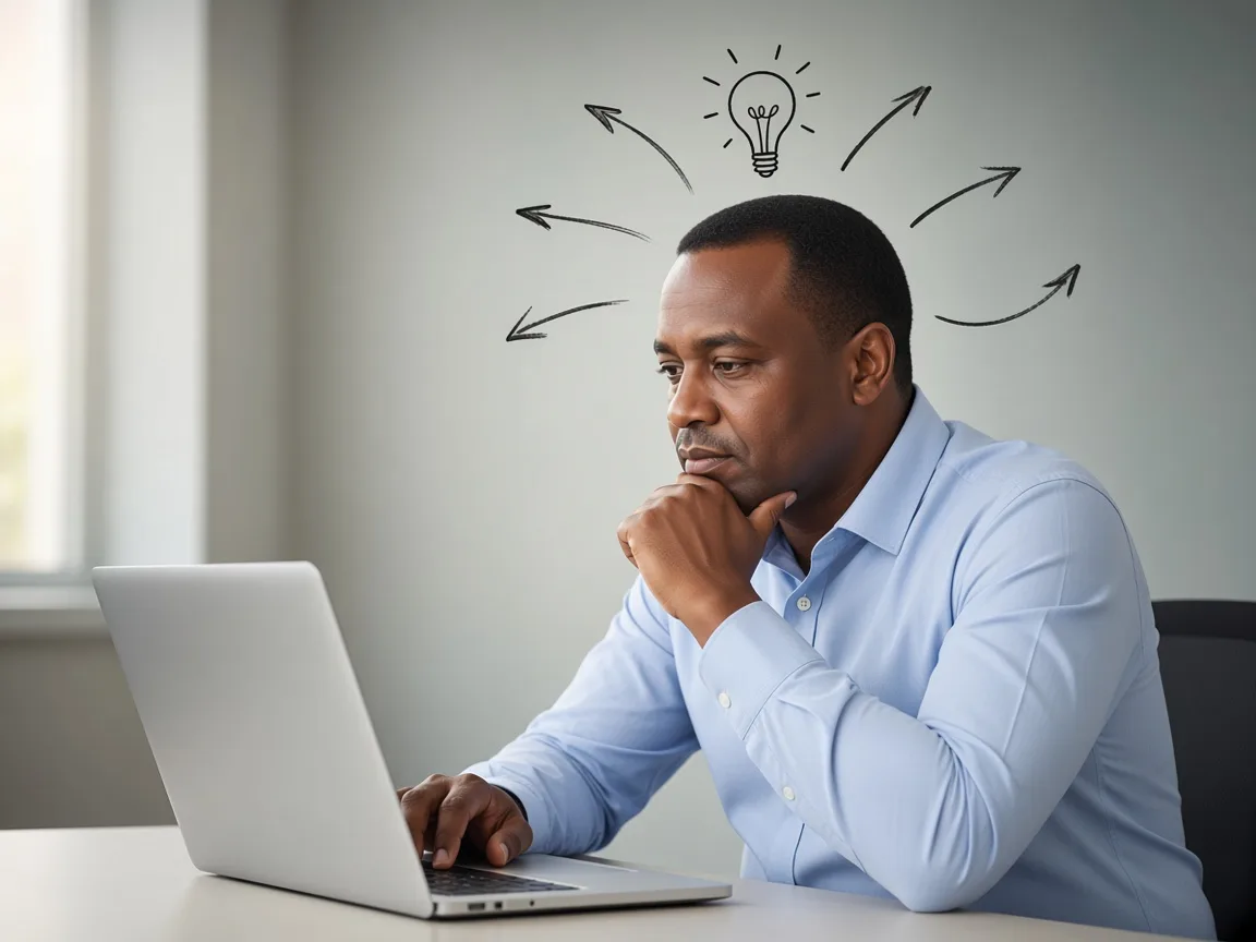 A professional at a laptop, with a lightbulb and arrows suggesting mental workload and decision-making.