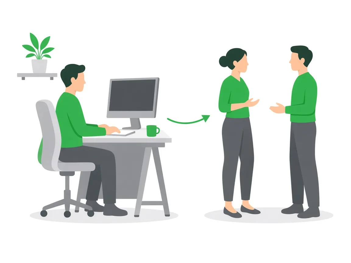An illustration of a seated workstation beside two colleagues in conversation, showing work organized as a shared system.